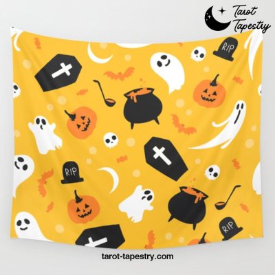 Halloween Ghost And Bat Pattern Design Orange Background Wall Tapestry Offical Tarot Tapestries Merch