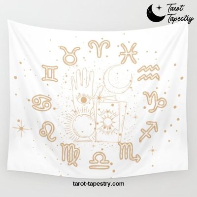 Minimalist Neutral Astrology Zodiac Signs, Astrology Sun, Tarot Cards, Third Eye, Mystical Moon, Magical Hand Wall Tapestry Offical Tarot Tapestries Merch