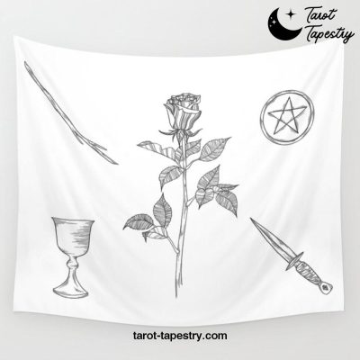 Rose with Tarot Suits / Botanical Line Drawing Wall Tapestry Offical Tarot Tapestries Merch