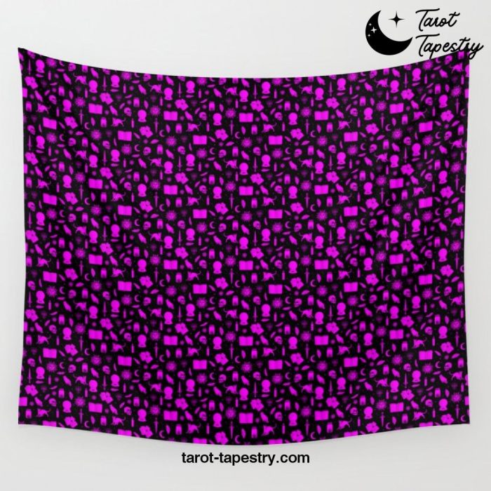 Small Bright Dayglo Pink Halloween Motifs Skulls, Spells & Cats on Spooky Black Wall Tapestry Offical Tarot Tapestries Merch