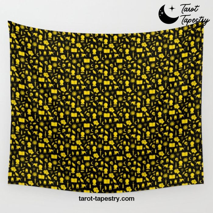 Small Bright Dayglo Yellow Halloween Motifs Skulls, Spells & Cats on Spooky Black Wall Tapestry Offical Tarot Tapestries Merch