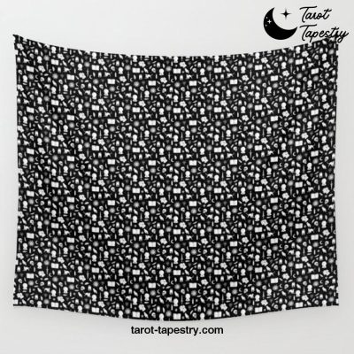 Small Bright White Halloween Motifs Skulls, Spells & Cats on Spooky Black Wall Tapestry Offical Tarot Tapestries Merch