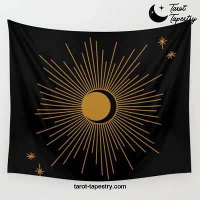 Subtle Sun Moon Stars in Black and Ochre Wall Tapestry Offical Tarot Tapestries Merch