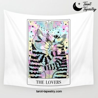 The Lovers Tarot Card with Snuggling Cats and Marbled Pastels Wall Tapestry Offical Tarot Tapestries Merch