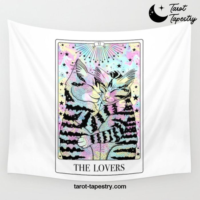 The Lovers Tarot Card with Snuggling Cats and Marbled Pastels Wall Tapestry Offical Tarot Tapestries Merch