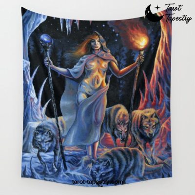 Two of Wands - Woman & Wolves Wall Tapestry Offical Tarot Tapestries Merch