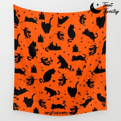 Witch cat magical pattern orange Wall Tapestry Offical Tarot Tapestries Merch