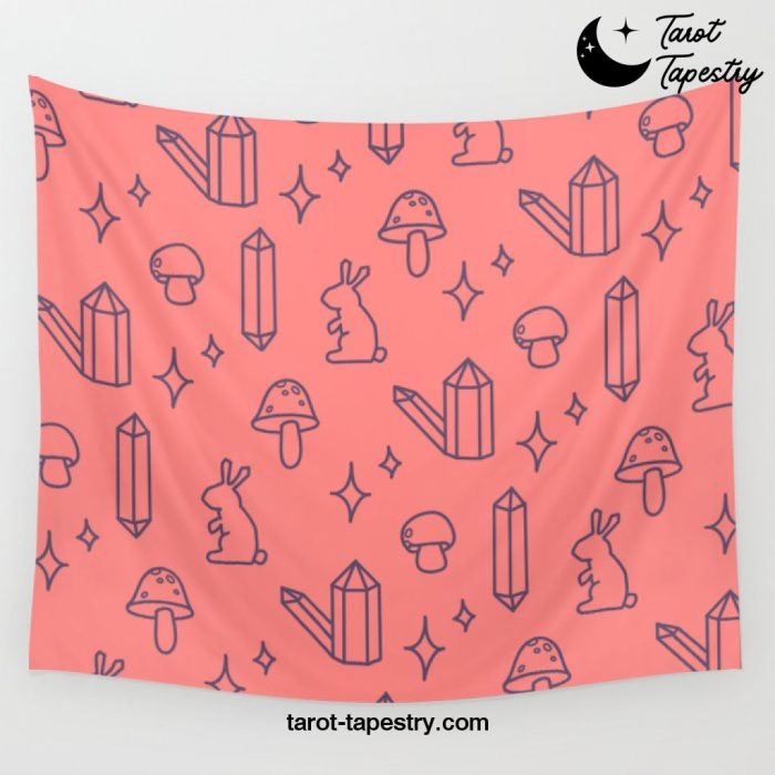 Wonderland in Watermelon; Rabbits, Crystals, Stars, and Mushrooms Wall Tapestry Offical Tarot Tapestries Merch