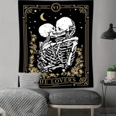 The Kissing Lovers Skull Black Moon and Star Tarot Hippie Human Skeleton tapestry
